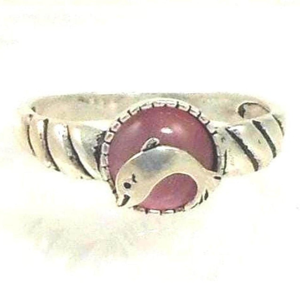 925 Sterling‎ Silver Pink Cat's Eye Dolphin Ring NOS Size 9 Vintage Chrysoberyl